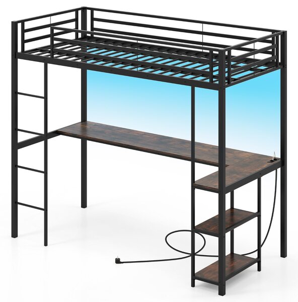 Costway Letto metallico loft con presa elettrica, Letto a soppalco con sponda & scala Nero + Marrone Rustico