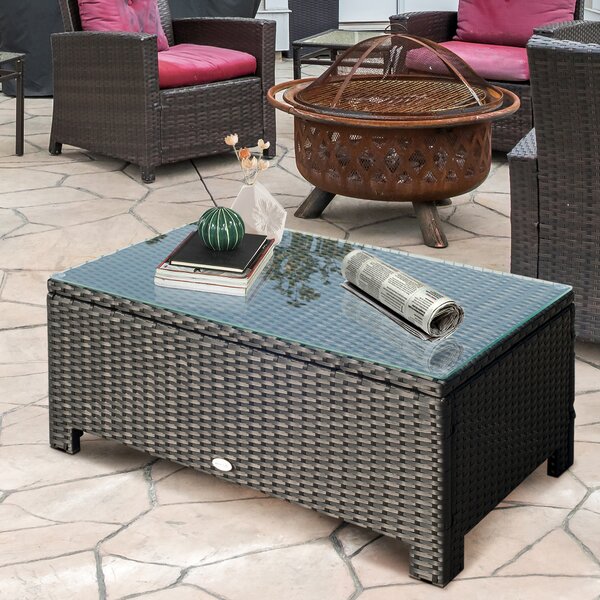 Outsunny Ousunny Tavolino da Esterni in Rattan PE con Piano in Vetro Temperato, 85x50x39cm, Nero|Aosom