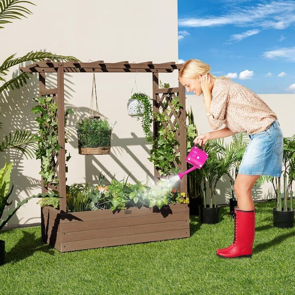 Costway Letto rialzato da giardino con grigliato ad arco, Fioriera in legno da interno esterno Marrone