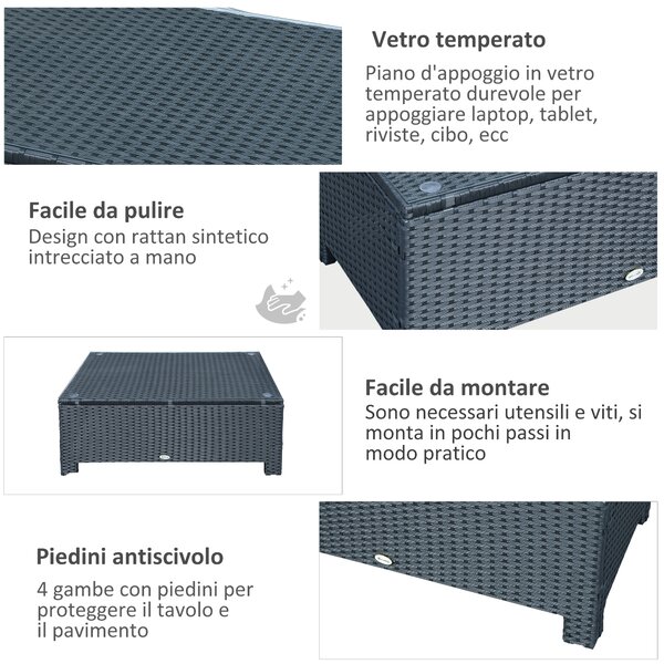 Outsunny Ousunny Tavolino da Esterni in Rattan PE con Piano in Vetro Temperato, 85x50x39cm, Nero|Aosom