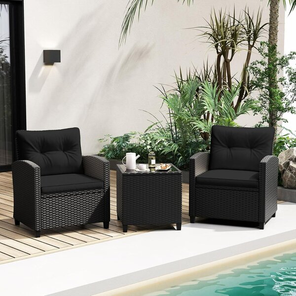 Costway Set da giardino 3 pezzi in rattan con cuscini morbidi, Set di seduta in rattan per giardino e piscina Nero