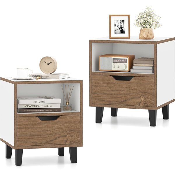 Costway Comodino tavolino da letto con cassetto e scomparto aperto, Tavolo laterale con gambe in metallo per diverse stanze 2 x Comodini