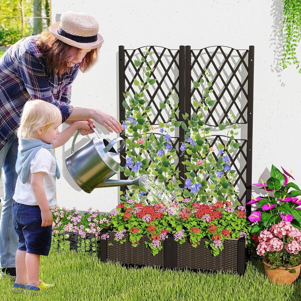 Costway Letto da giardino rialzato con traliccio a reticolo, Fioriera in plastica autoportante per spazi esteriori (80 x 40 x 122 cm)