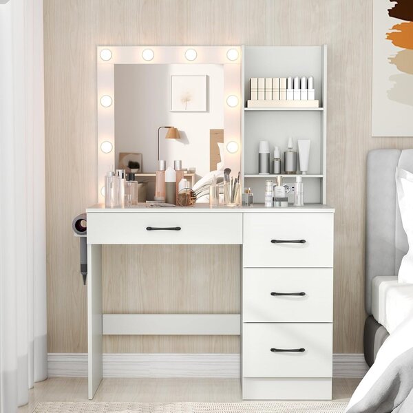 Costway Tavolo da vanità con specchio e luci, Tavolo da trucco con stazione di ricarica luci led Bianco