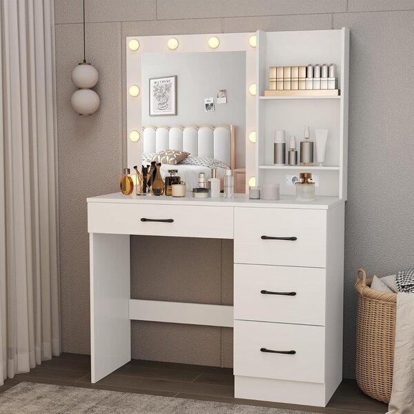 Costway Tavolo da vanità con specchio e luci, Tavolo da trucco con stazione di ricarica luci led Bianco