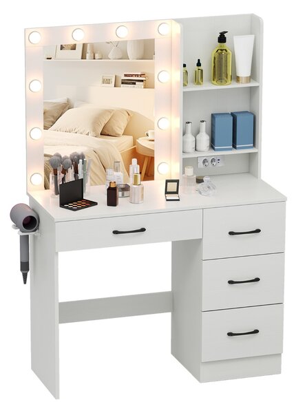 Costway Tavolo da vanità con specchio e luci, Tavolo da trucco con stazione di ricarica luci led Bianco