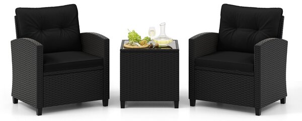 Costway Set da giardino 3 pezzi in rattan con cuscini morbidi, Set di seduta in rattan per giardino e piscina Nero