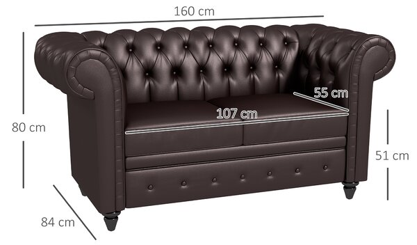 HOMCOM Divano 2 Posti stile Chesterfield con Cuscino Rimovibile, in Ecopelle, Legno e Metallo, 160x84x80 cm, Marrone