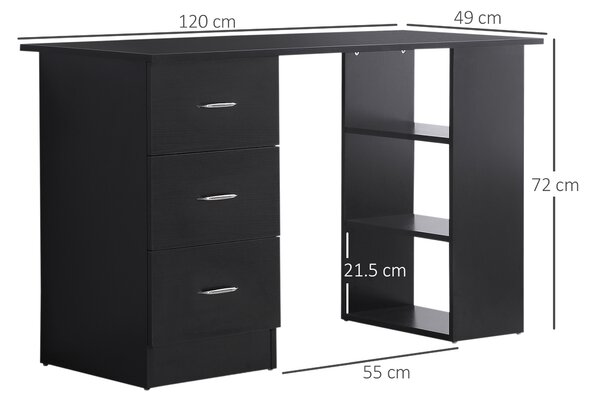 HOMCOM Scrivania PC con 3 Ripiani e 3 Cassetti per Camera e Ufficio, in Legno MDF, 120x49x72 cm, Nera|Aosom