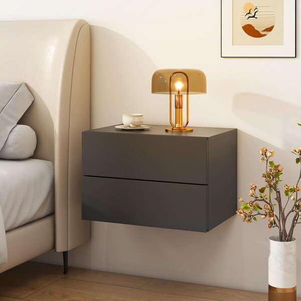 Costway Comodino con cassetti (set da 2), Tavolino da letto da parete con spazio contenitivo Grigio