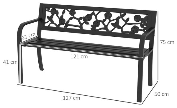 Outsunny Panchina da Giardino 2 Posti in Acciaio con Schienale Decorato e Braccioli, 127x50x75cm, Nero