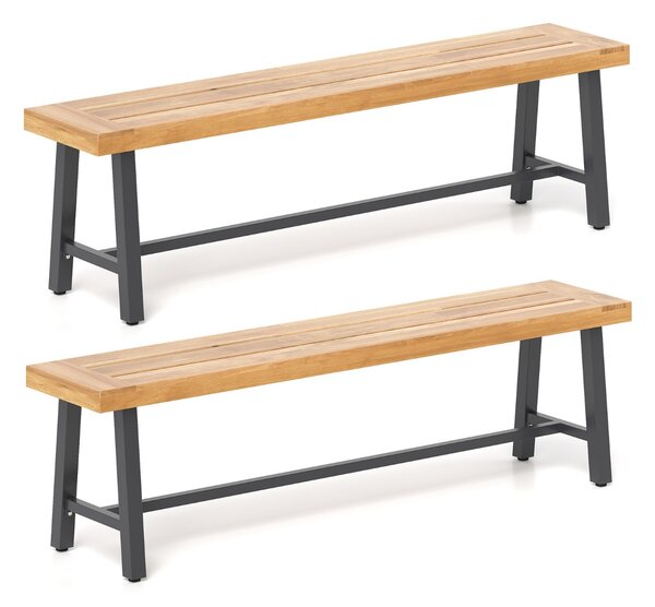 Costway Panchina da giardino in legno di acacia con telaio in metallo resistente, Panchina senza schienale 2 pezzi
