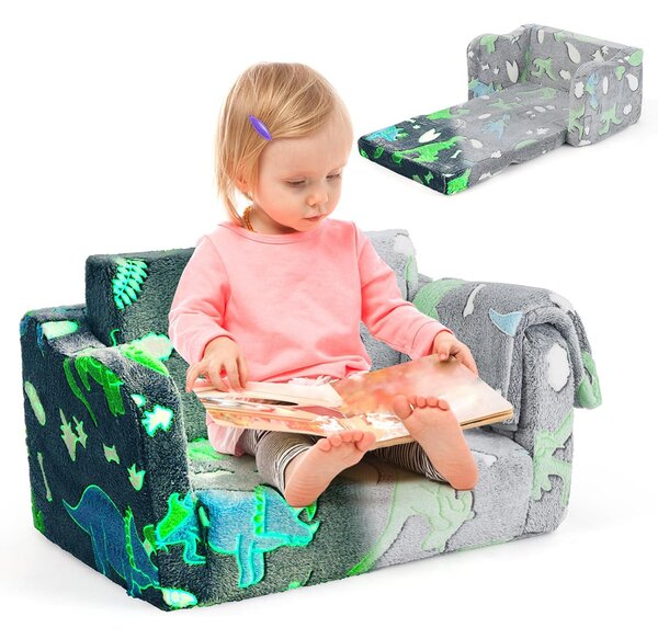 Costway Divano per bambini con coperta e funzione pieghevole 2-in-1, Poltrona recliner per bambini sopra i 3 anni che brilla al buio Grigio