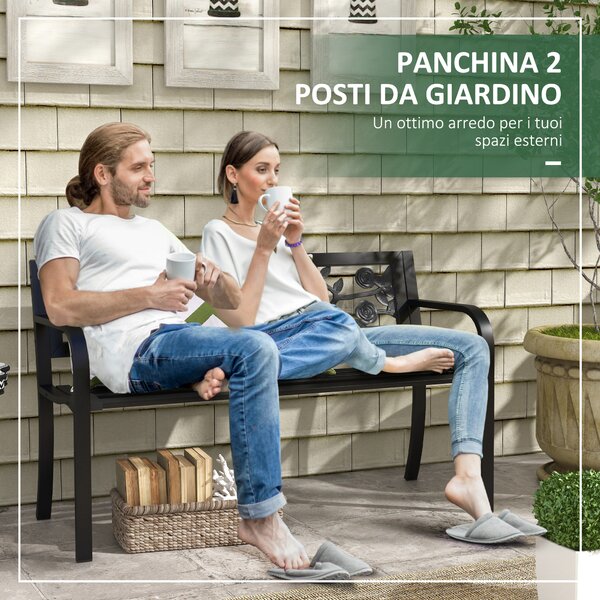 Outsunny Panchina da Giardino 2 Posti in Acciaio con Schienale Decorato e Braccioli, 127x50x75cm, Nero