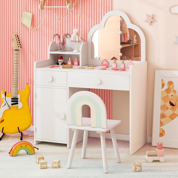 Costway Set toeletta per bambini in legno massello, Tavolo da trucco per ragazze con specchio a forma di nuvola Bianco