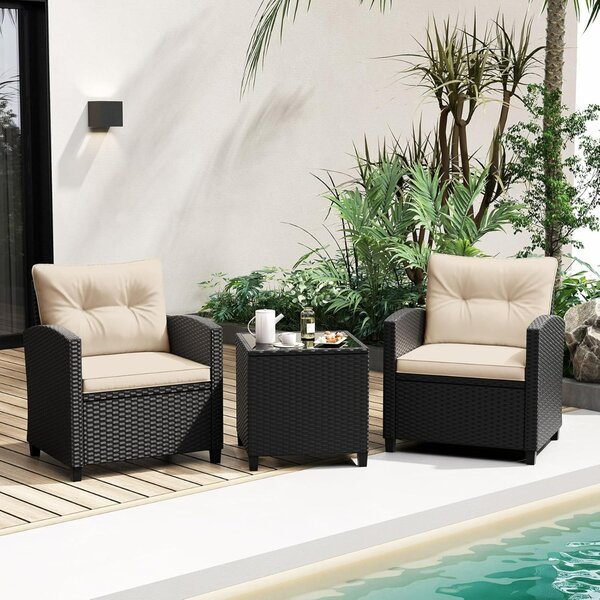 Costway Set da giardino 3 pezzi in rattan con cuscini morbidi, Set di seduta in rattan per giardino e piscina Beige
