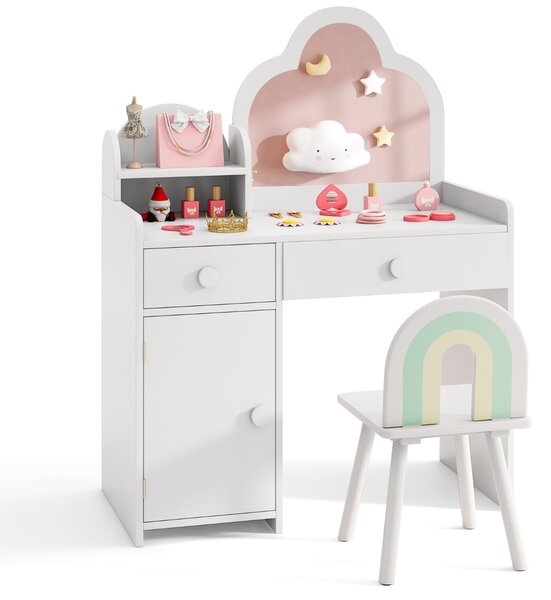 Costway Set toeletta per bambini in legno massello, Tavolo da trucco per ragazze con specchio a forma di nuvola Bianco