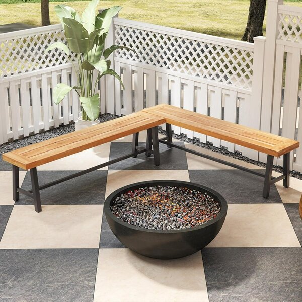 Costway Panchina da giardino in legno di acacia con telaio in metallo resistente, Panchina senza schienale 2 pezzi