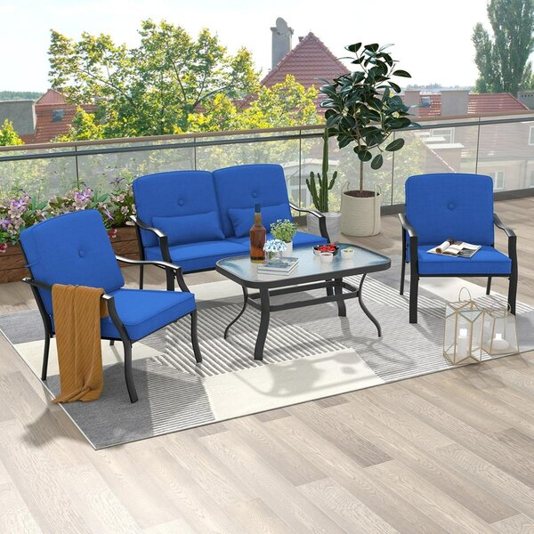 Costway Set di mobili da giardino 4 pezzi, Set bistro da patio con cuscini e tavolino in vetro temperato
