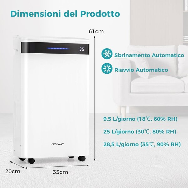 Costway Deumidificatore 28,5 L per casa e seminterrato, Deumidificatore silenzioso 35㎡ con 4 modalità