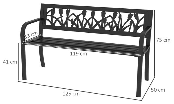 Outsunny Panchina da Giardino a 2 Posti in Acciaio con Schienale Decorato e Braccioli, 125x50x75cm, Nero|Aosom