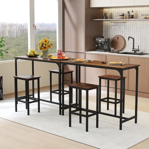 Costway Set da pranzo 3 pezzi con tavolo industriale alto 120 cm, 2 sgabelli da bar e sedie per spazi piccoli Marrone