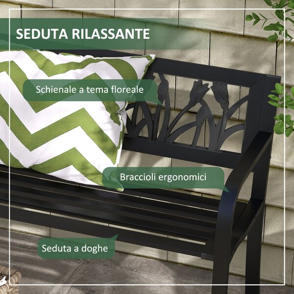 Outsunny Panchina da Giardino a 2 Posti in Acciaio con Schienale Decorato e Braccioli, 125x50x75cm, Nero|Aosom