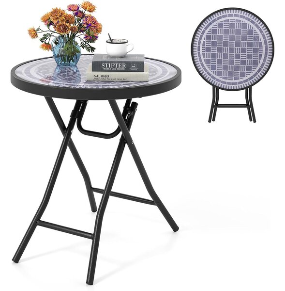 Costway Tavolino pieghevole da 46 cm, Tavolino rotondo compatto da patio piano in vetro temperato Grigio