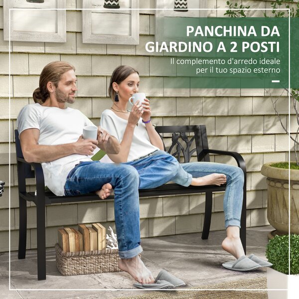 Outsunny Panchina da Giardino a 2 Posti in Acciaio con Schienale Decorato e Braccioli, 125x50x75cm, Nero|Aosom