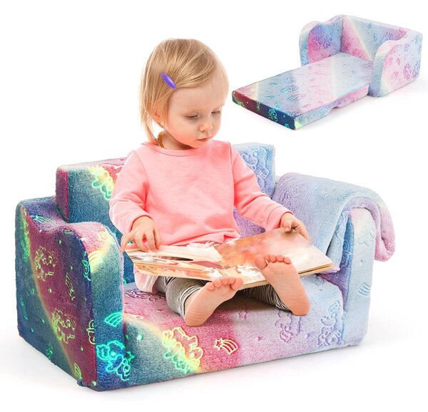 Costway Divano per bambini con coperta e funzione pieghevole 2-in-1, Poltrona recliner per bambini sopra i 3 anni che brilla al buio Arcobaleno