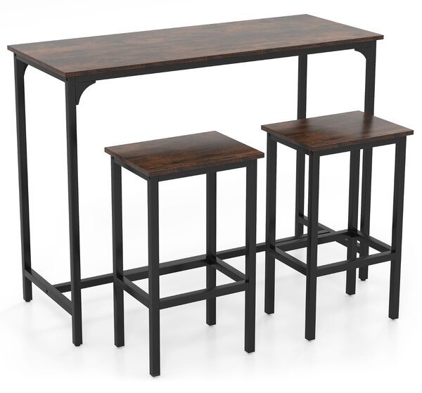 Costway Set da pranzo 3 pezzi con tavolo industriale alto 120 cm, 2 sgabelli da bar e sedie per spazi piccoli Marrone