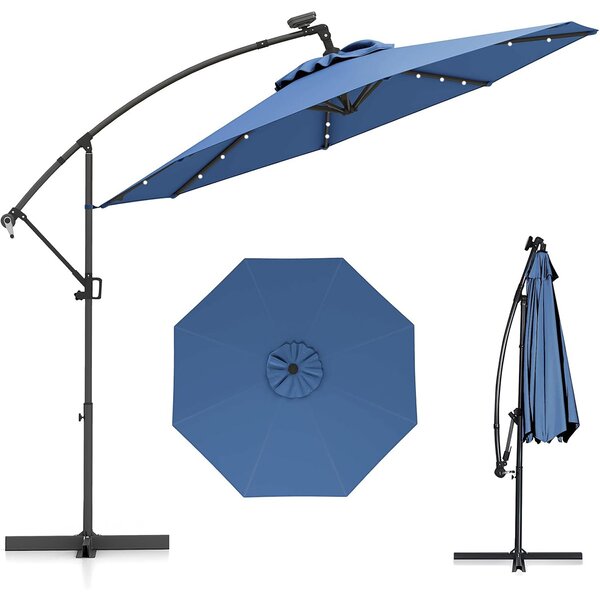 Costway Ombrellone da giardino 300 cm con 32 luci led per piscina e altri spazi esteriori, Ombrellone girevole con inclinazione regolabile esteriori Blu