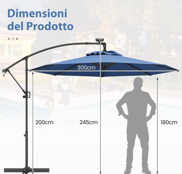 Costway Ombrellone da giardino 300 cm con 32 luci led per piscina e altri spazi esteriori, Ombrellone girevole con inclinazione regolabile esteriori Blu