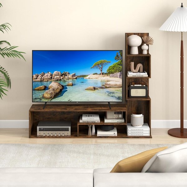 Costway Mobile per TV a cubi per TV fino a 50”, Tavolo console media con mensole di stoccaggio a forma di l e scomparti aperti Marrone Rustico