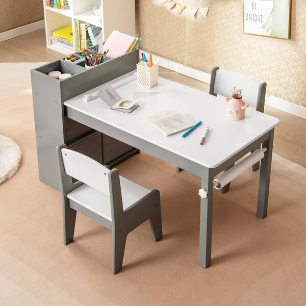 Costway Set tavolo e sedie per bambini con 2 sedie, Set tavolo attività per bambini per stanza giochi Grigio e Bianco