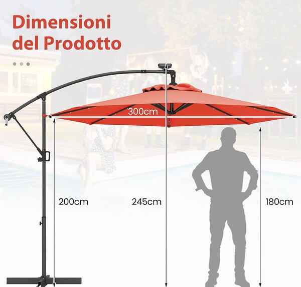 Costway Ombrellone da giardino 300 cm con 32 luci led per piscina e altri spazi esteriori, Ombrellone girevole con inclinazione regolabile esteriori Arancione