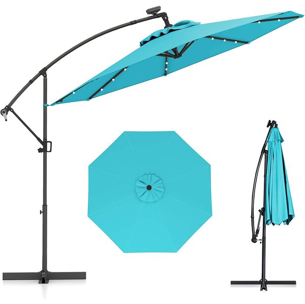 Costway Ombrellone da giardino 300 cm con 32 luci led, Ombrellone girevole con inclinazione regolabile per piscina e altri spazi esteriori Turchese