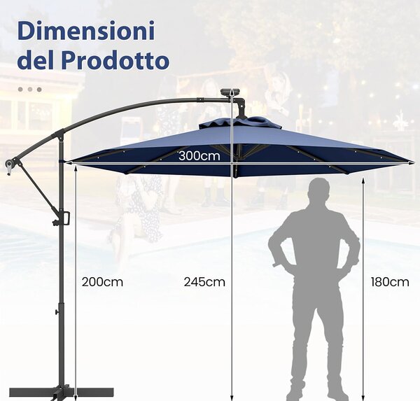 Costway Ombrellone da giardino 300 cm con 32 luci led per piscina e altri spazi esteriori, Ombrellone girevole con inclinazione regolabile esteriori Blu Scuro