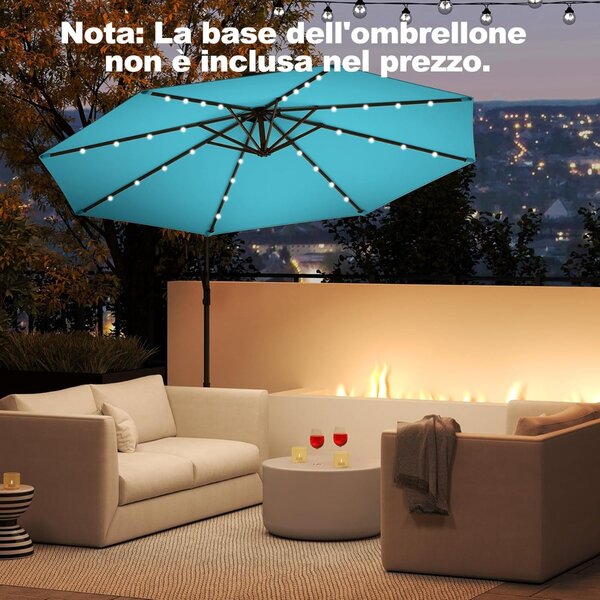Costway Ombrellone da giardino 300 cm con 32 luci led, Ombrellone girevole con inclinazione regolabile per piscina e altri spazi esteriori Turchese