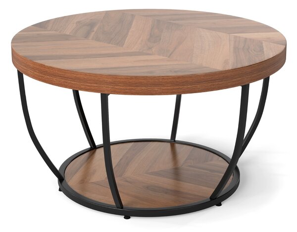 Costway Tavolino 2 ripiani metallo resistente legno finto 80cm rotondo decorativo, Tavolino caffè soggiorno sala d'attesa Legno naturale + nero