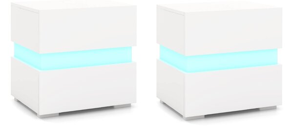 Costway Tavolino comodino a LED con cassetti e telecomando, Comodino con 22 modalità di luce, 10 velocità e 5 luminosità Bianco