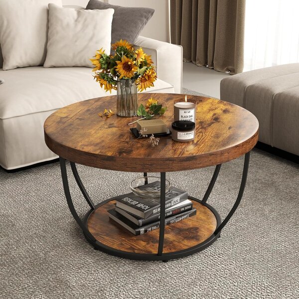 Costway Tavolino 2 ripiani metallo resistente legno finto 80cm rotondo decorativo, Tavolino caffè soggiorno sala d'attesa Legno naturale + nero
