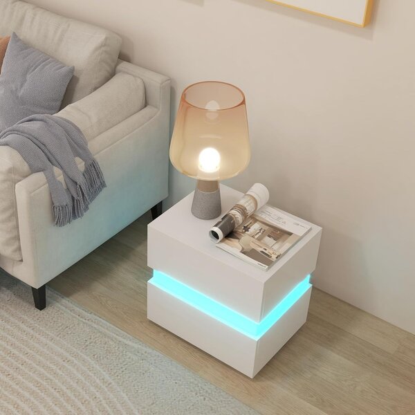 Costway Tavolino comodino a LED con cassetti e telecomando, Comodino con 22 modalità di luce, 10 velocità e 5 luminosità Bianco