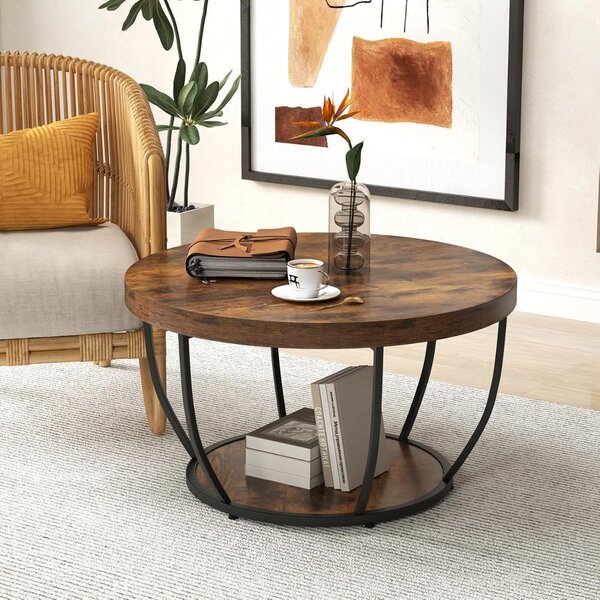 Costway Tavolino 2 ripiani metallo resistente legno finto 80cm rotondo decorativo, Tavolino caffè soggiorno sala d'attesa Legno naturale + nero