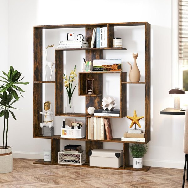 Costway Libreria a 7 ripiani scaffale geometrico con 2 kit anti-ribaltamento, Organizzatore di libri da pavimento Marrone Rustico