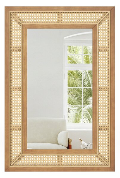 Costway Specchio da parete in rattan con cornice in legno, Specchio decorativo rotondo bohemien da parete 90 x 60 cm