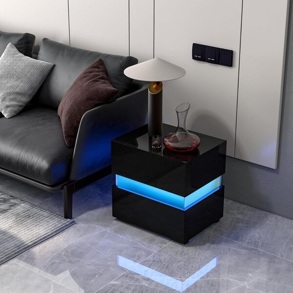 Costway Tavolino comodino a LED con cassetti e telecomando, Comodino con 22 modalità di luce, 10 velocità e 5 luminosità Nero