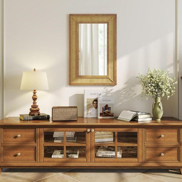 Costway Specchio da parete in rattan con cornice in legno, Specchio decorativo rotondo bohemien da parete 90 x 60 cm