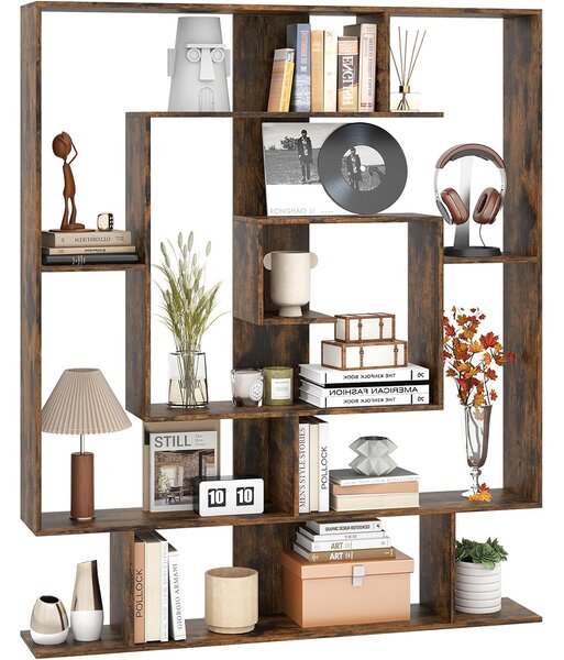 Costway Libreria a 7 ripiani scaffale geometrico con 2 kit anti-ribaltamento, Organizzatore di libri da pavimento Marrone Rustico