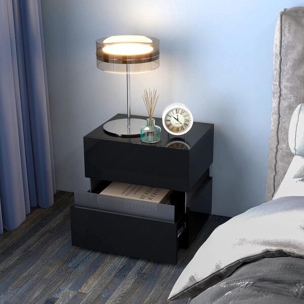 Costway Tavolino comodino a LED con cassetti e telecomando, Comodino con 22 modalità di luce, 10 velocità e 5 luminosità Nero